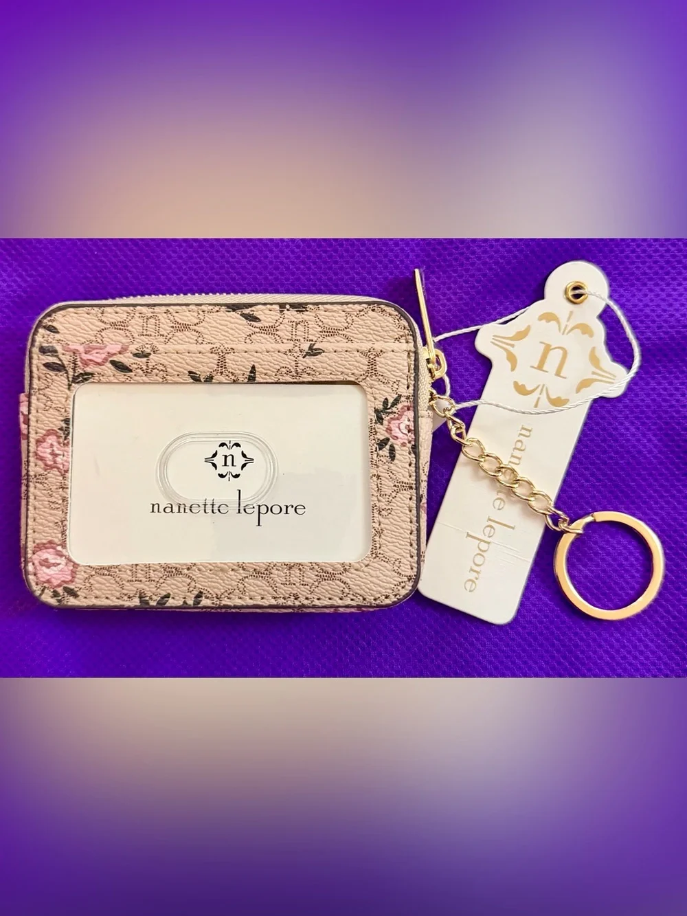 Nanette Lepore Pink Floral Beige Card Holder with Key Ring